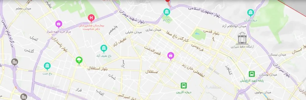نقشه شیراز برای انتخاب کلاس زبان انگلیسی حضوری یا آنلاین