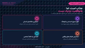 اینفوگرافیک نئون با اکسنت مگنتا؛ چهار محدودیت هوش مصنوعی (با علامت ضربدر): جایگزین مکالمه انسانی، فهم احساس و فرهنگ، نقشه راه شخصی و تشخیص ظرافتهای واقعی.