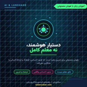 اینفوگرافیک کاور با تم دارکنئون درباره آموزش زبان با هوش مصنوعی؛ عنوان «دستیارِ هوشمند، نه معلمِ کامل» با آیکون تراشه/مدار AI درخشان و سه برچسب ترجمه و تمرین، بدون احساس واقعی، جای معلم نیست.