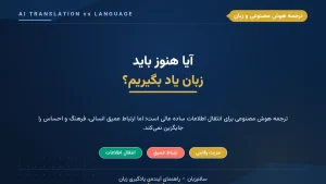 اینفوگرافیک کاور با تم سازمانی درباره ترجمه هوش مصنوعی و یادگیری زبان؛ عنوان «آیا هنوز باید زبان یاد بگیریم؟» با آیکون ترجمه/گویش در دایرهی طلایی و سه برچسب انتقال اطلاعات، ارتباط عمیق و مزیت رقابتی.