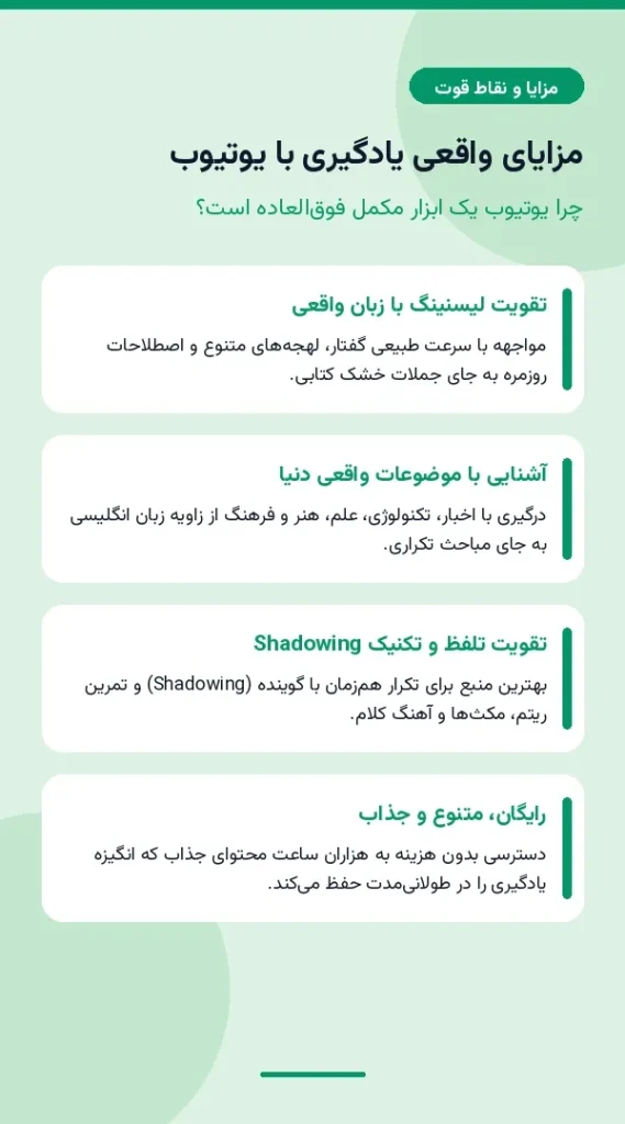 اینفوگرافیک مزایای یادگیری زبان انگلیسی با یوتیوب شامل تقویت لیسنینگ، آشنایی با موضوعات روز و تکنیک Shadowing