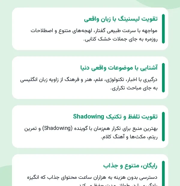 اینفوگرافیک مزایای یادگیری زبان انگلیسی با یوتیوب شامل تقویت لیسنینگ، آشنایی با موضوعات روز و تکنیک Shadowing