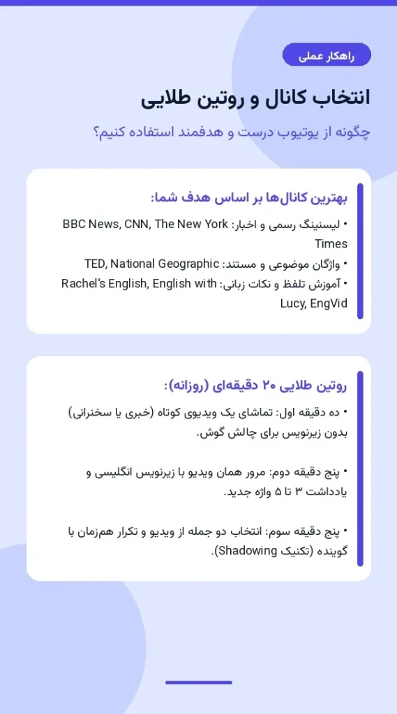 لیست بهترین کانال های یوتیوب انگلیسی بر اساس هدف و برنامه روتین ۲۰ دقیقهای یادگیری زبان
