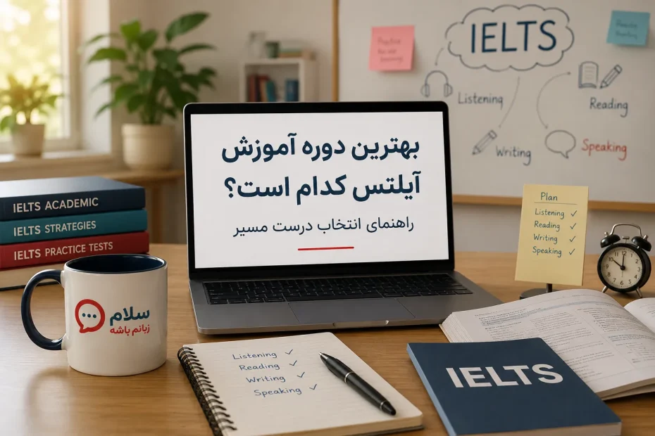میز مطالعه آیلتس با لپ‌تاپ، کتاب‌های آموزشی و چک‌لیست چهار مهارت برای انتخاب بهترین دوره آموزش آیلتس