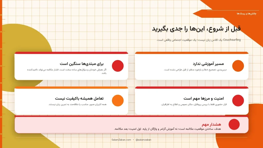 چالشها و ریسکهای یادگیری زبان انگلیسی از طریق Couchsurfing برای زبانآموزان