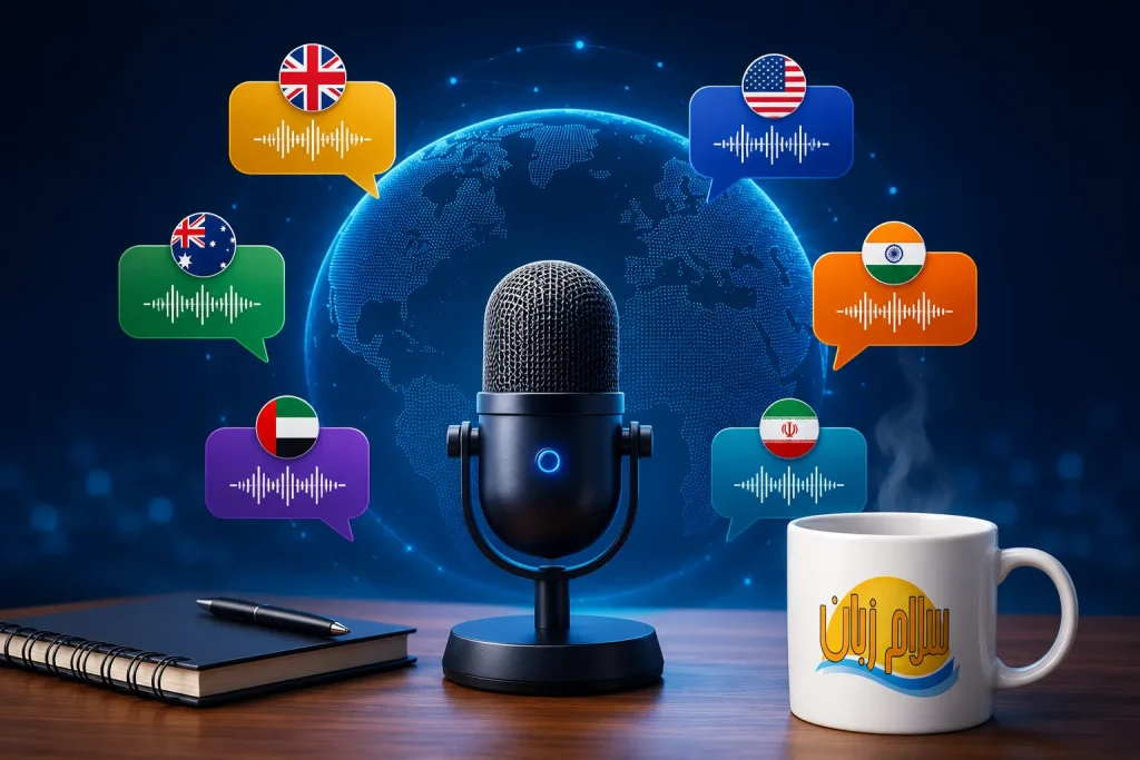 میکروفون استودیویی همراه با پرچم کشورهای انگلیسیزبان نماد تنوع لهجهها در آزمون اسپیکینگ آیلتس