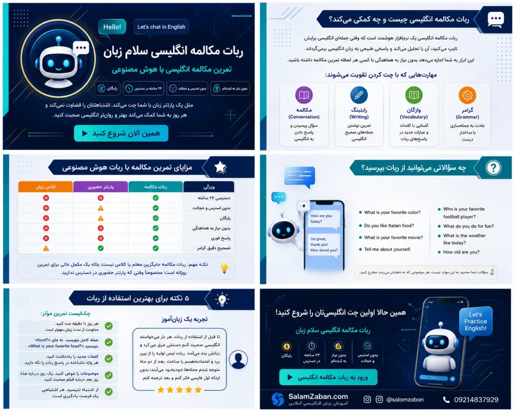 اینفوگرافیک معرفی ربات مکالمه انگلیسی سلام زبان برای تمرین مکالمه با هوش مصنوعی