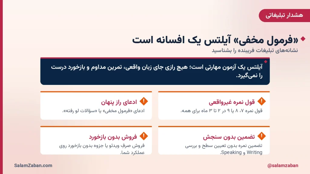 هشدار درباره تبلیغات فریبنده دورههای آیلتس مانند فرمول مخفی، تضمین نمره و فروش بدون بازخورد