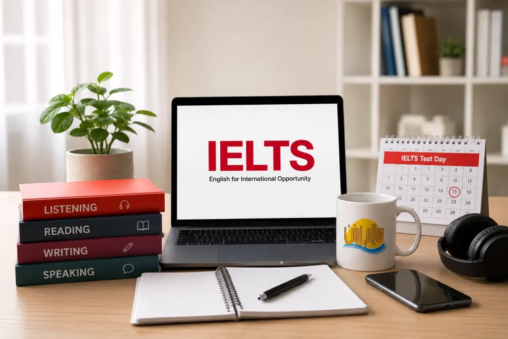 میز مطالعه آماده برای آزمون آیلتس IELTS با کتابهای چهار مهارت Listening، Reading، Writing و Speaking
