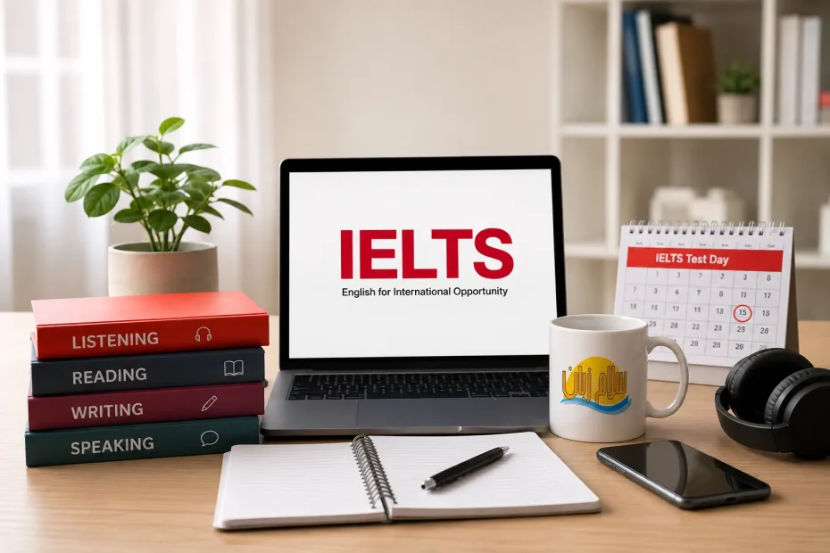 میز مطالعه آماده برای آزمون آیلتس IELTS با کتابهای چهار مهارت Listening، Reading، Writing و Speaking