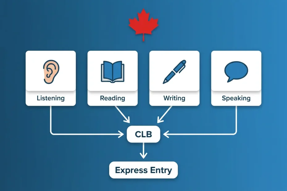 نمودار ارتباط چهار مهارت زبانی Listening، Reading، Writing و Speaking با سطح CLB در Express Entry کانادا