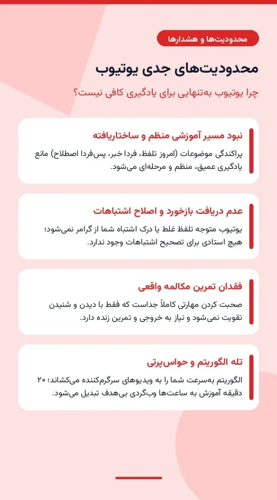 معایب و محدودیت های یادگیری زبان انگلیسی فقط با یوتیوب شامل نبود بازخورد و مسیر آموزشی