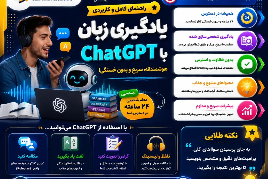 یادگیری هوشمندانه، سریع و بدون خستگی زبان انگلیسی با ChatGPT و هوش مصنوعی در ۲۰۲۶