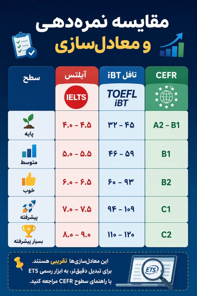 اینفوگرافیک جدول مقایسه و معادلسازی نمرات آیلتس، تافل iBT و سطوح CEFR از سطح پایه A2 تا بسیار پیشرفته C2