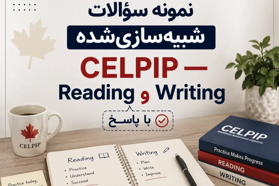 نمونه سؤالات شبیه‌سازی‌شدهٔ آزمون CELPIP برای دو بخش Reading و Writing همراه با پاسخ، نمایش‌داده‌شده روی یک میز مطالعه شامل ماگ سفید با لوگوی برگ افرا و نوشتهٔ CELPIP، دفترچهٔ یادداشت باز با فهرست مراحل تمرین ریدینگ و رایتینگ، خودکار مشکی، مجموعه کتاب‌های تمرین سلپیپ و یک گلدان سبز؛ تصویری مناسب برای داوطلبانی که به دنبال نمونه سؤال ریدینگ و رایتینگ CELPIP با جواب هستند.