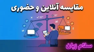 تصویر مقایسه آموزش زبان سازمانی آنلاین و حضوری که یک کلاس مجازی در کنار یک کلاس حضوری را نشان میدهد و به انتخاب بهترین مدل آموزش زبان برای کارکنان کمک میکند.