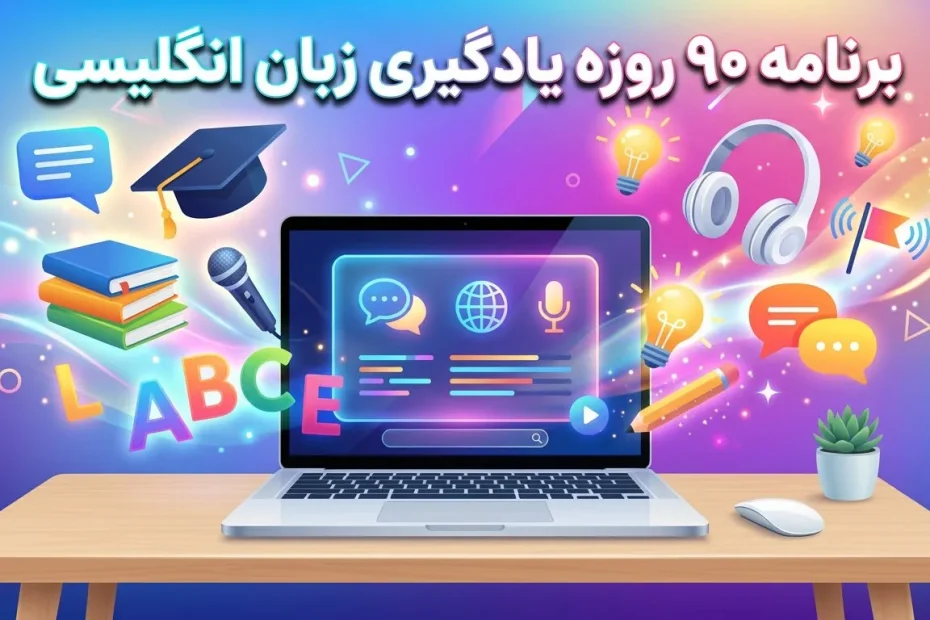 کاور برنامه ۹۰ روزه یادگیری زبان انگلیسی با لپ‌تاپ و ابزارهای آموزش آنلاین