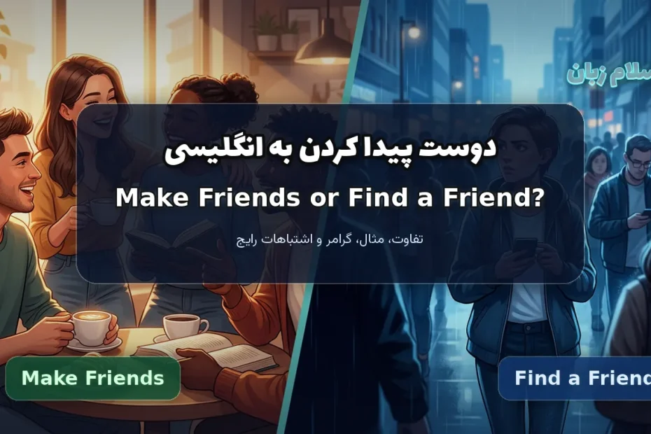مقایسه تصویری تفاوت Make Friends و Find a friend در موقعیتهای واقعی برای درک بهتر اصطلاح دوست پیدا کردن به انگلیسی.