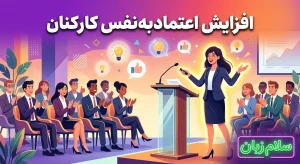 تصویر ارائه یک کارمند در برابر همکاران که نشاندهنده افزایش اعتمادبهنفس کارکنان از طریق آموزش زبان انگلیسی و تقویت مهارت مکالمه در محیط کاری است.