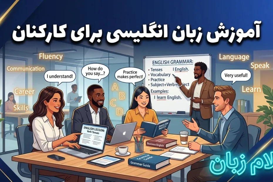 تصویر کلاس آموزش زبان انگلیسی برای کارکنان در محیط سازمانی که یادگیری مکالمه، گرامر، مهارت‌های ارتباطی و افزایش توانمندی شغلی کارمندان را نشان می‌دهد.
