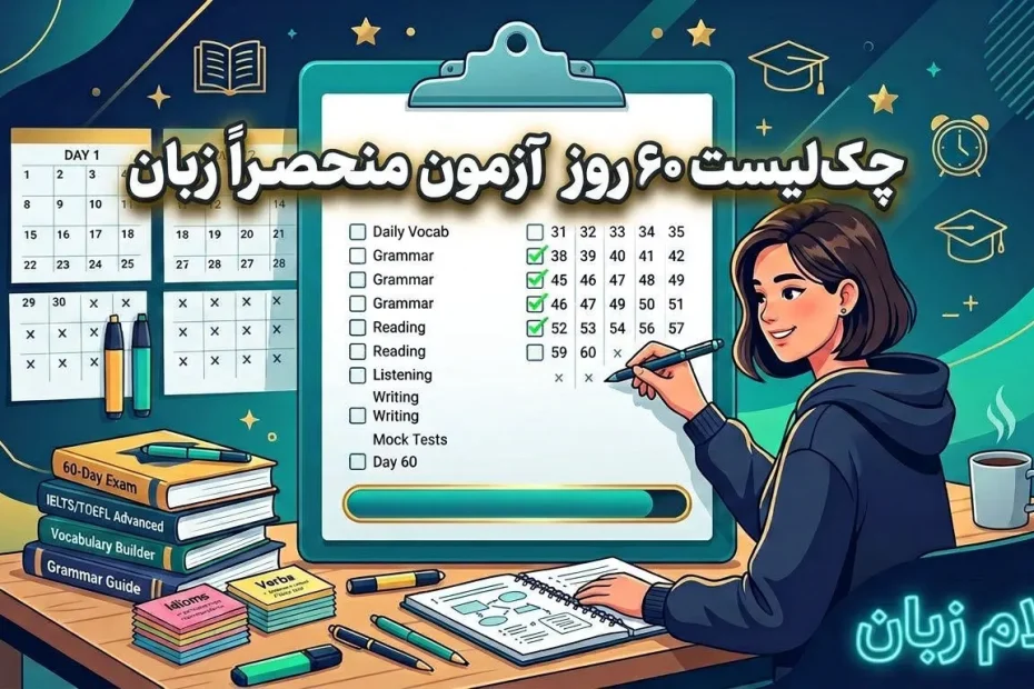تصویر چکلیست ۶۰ روزه آزمون زبان با برنامه تمرین واژگان، گرامر، خواندن، شنیدن، نوشتن، آزمون آزمایشی و پیگیری آمادگی برای امتحان.