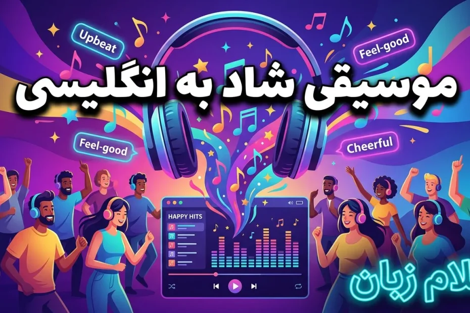 تصویر آموزش اصطلاحات موسیقی شاد به انگلیسی با هدفون، نت‌های موسیقی و واژه‌هایی مانند upbeat music و feel-good music برای یادگیری طبیعی‌تر زبان انگلیسی.