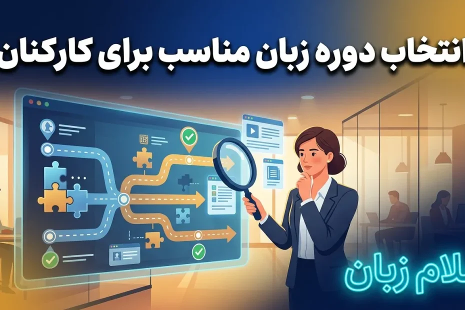 تصویر انتخاب دوره زبان مناسب برای کارکنان با نمایش مسیر تصمیم‌گیری، بررسی گزینه‌های آموزشی و تحلیل نیازهای سازمان برای انتخاب دوره زبان سازمانی.