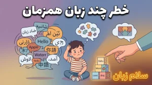تصویر خطر آموزش چند زبان همزمان به کودک با نمایش کودک سردرگم میان واژهها و زبانهای مختلف که اهمیت اولویت دادن به زبان مادری و یادگیری مرحلهای را نشان میدهد.