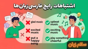 تصویر اشتباهات رایج فارسیزبانها در گفتن موسیقی شاد به انگلیسی مانند put a happy song، glad music و excited music همراه با اصلاح درست آنها.