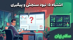 تصویر اشتباه نبود سنجش و پیگیری در آموزش زبان سازمانی که داشبورد بدون داده، مدیر سردرگم و مقایسه با سیستم موفق ردیابی پیشرفت را نشان میدهد.