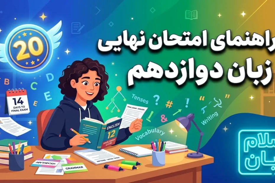 تصویر راهنمای امتحان نهایی زبان دوازدهم با دانش‌آموز در حال مطالعه، کتاب زبان، واژگان، گرامر، نوشتار و برنامه مرور برای کسب نمره بالا.