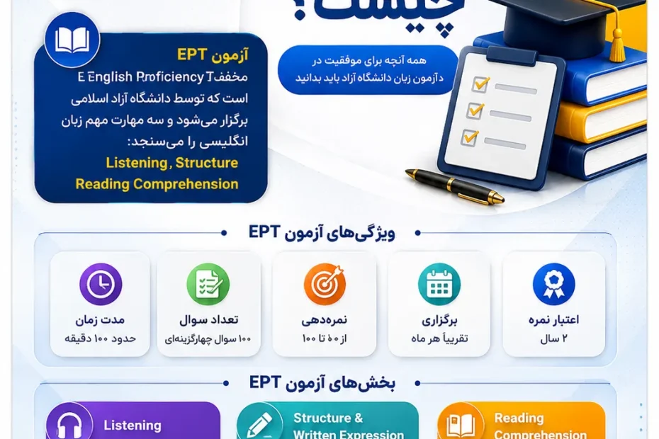 تصویر شاخص مقاله آزمون EPT چیست، معرفی English Proficiency Test دانشگاه آزاد اسلامی برای سنجش سه مهارت Listening، Structure و Reading Comprehension