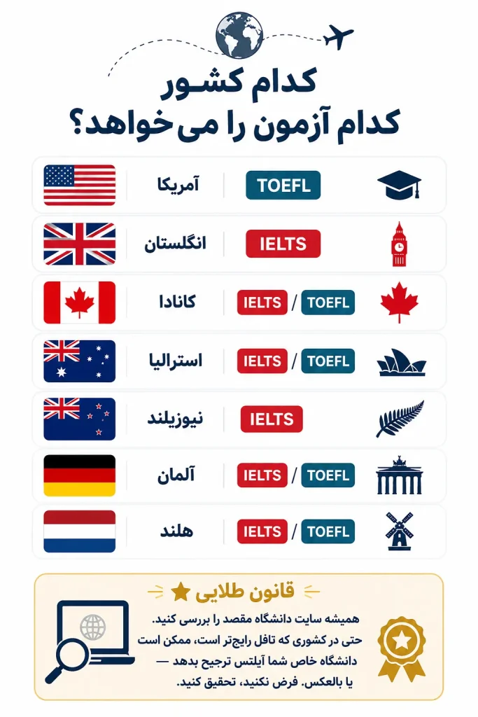 اینفوگرافیک راهنمای پذیرش آزمون آیلتس یا تافل در کشورهای مختلف مانند آمریکا، انگلستان، کانادا، استرالیا، آلمان و هلند برای مهاجرت و تحصیل