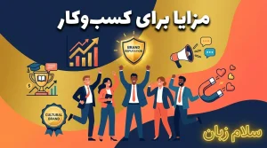 تصویر مزایای آموزش زبان برای کسبوکار در باشگاه مشتریان با نمایش رشد برند، افزایش وفاداری، اعتبار فرهنگی، جذب مشتری و تمایز رقابتی.