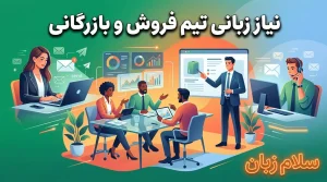 تصویر نیاز زبانی تیم فروش و بازاریابی که مهارتهای انگلیسی تجاری برای ایمیل فروش، معرفی محصول، مذاکره، پیگیری مشتری و ارتباط با بازارهای بینالمللی را نشان میدهد.