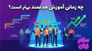 تصویر آموزش زبان هدفمند برای کارکنان منتخب سازمان که نشان میدهد تمرکز روی تیمهای کلیدی مانند فروش، پشتیبانی و مدیران میتواند بازده آموزشی و مدیریت بودجه را بهتر کند.
