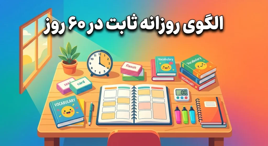 میز مطالعه مجهز به دفتر برنامهریزی، فلشکارت، کتاب واژگان، تایمر و ساعت برای اجرای الگوی روزانه در برنامه ۶۰ روزه آزمون