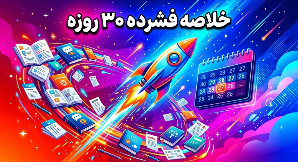 موشک در حال حرکت میان کتابها، برگههای تمرین و تقویم برای نمایش خلاصه فشرده ۳۰ روزه در برنامهریزی آزمون