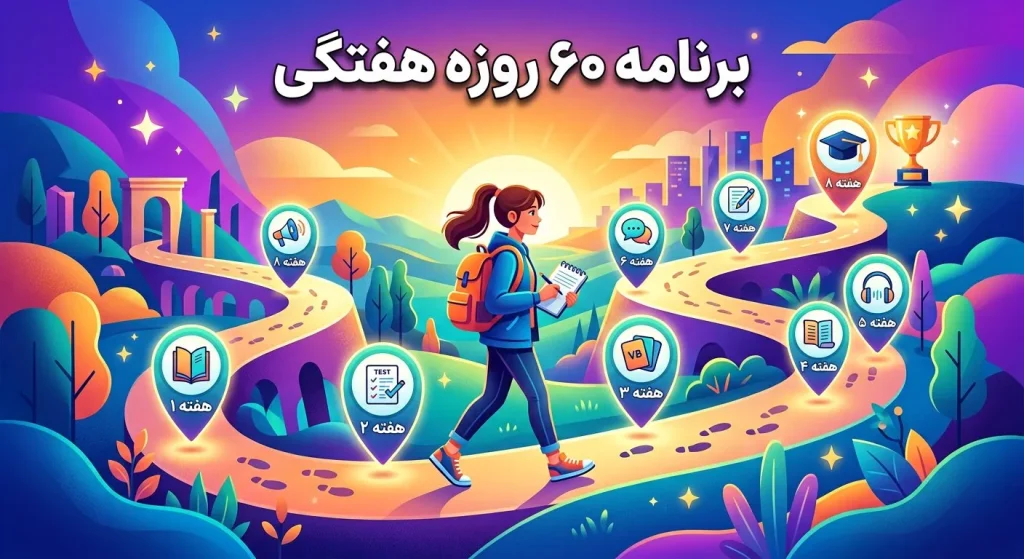 دانشآموز در مسیر رنگی هشتهفتهای با نشانههای کتاب، آزمون، واژگان، شنیداری و موفقیت برای برنامه ۶۰ روزه آزمون