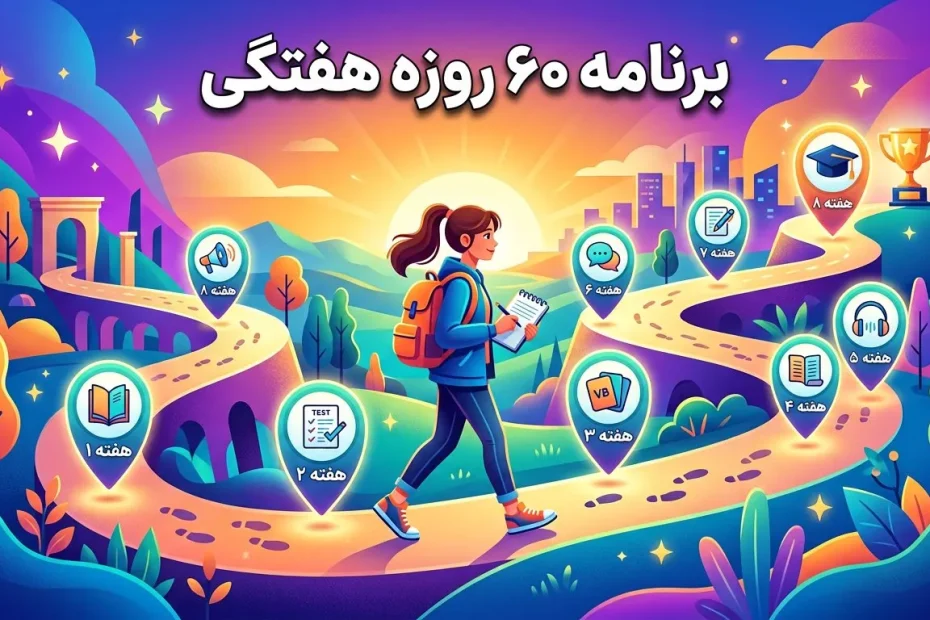 دانشآموز در مسیر رنگی هشتهفتهای با نشانههای کتاب، آزمون، واژگان، شنیداری و موفقیت برای برنامه ۶۰ روزه آزمون