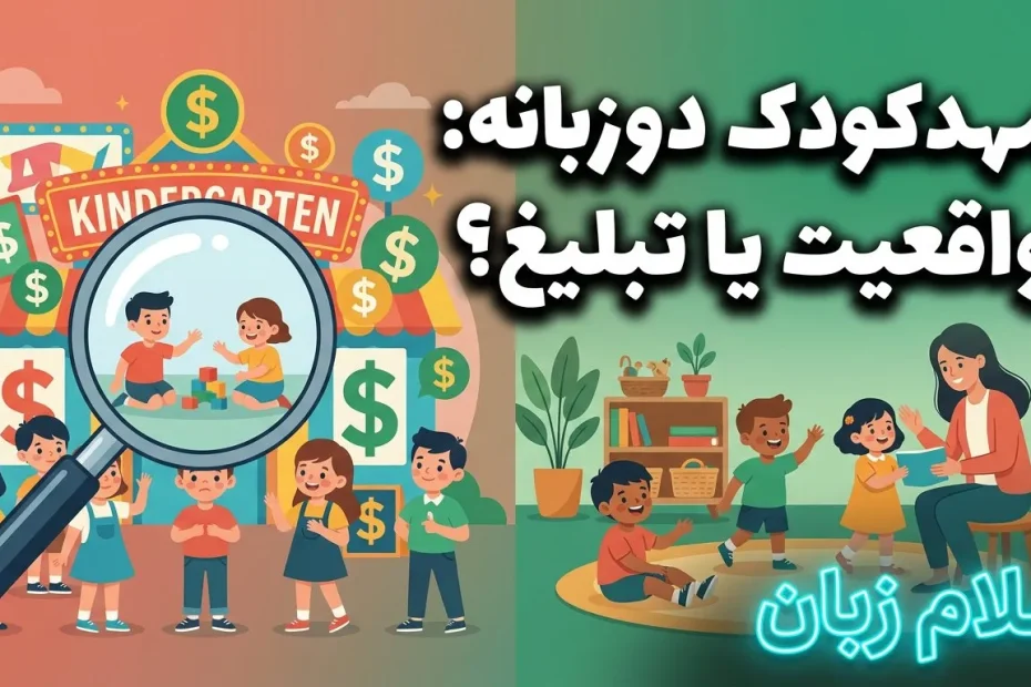 تصویر مقایسه مهدکودک دوزبانه تبلیغاتی با محیط واقعی رشد کودک که نشان می‌دهد عنوان دوزبانه به‌تنهایی تضمین‌کننده آموزش زبان اصولی نیست.