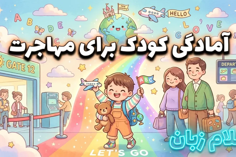 تصویر آمادگی کودک برای مهاجرت با خانواده در فرودگاه و کودک شاد که نشان می‌دهد آشنایی آرام با انگلیسی می‌تواند ورود کودک به محیط جدید را آسان‌تر کند.