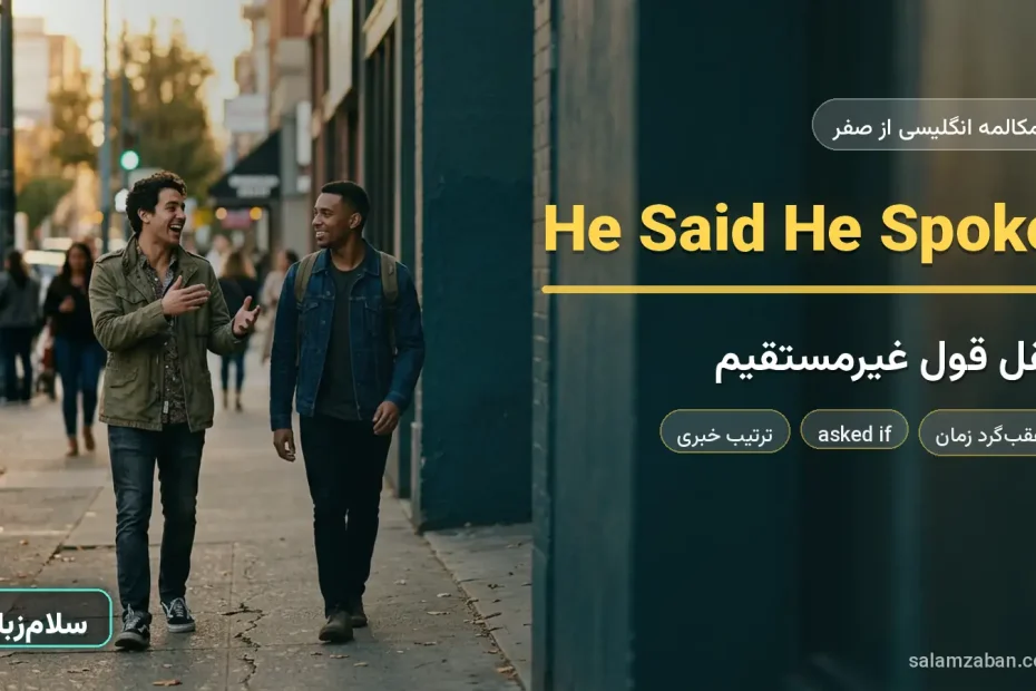 دو دوست در حال گفت‌وگو در پیاده‌روی خیابان — آموزش نقل قول غیرمستقیم به انگلیسی