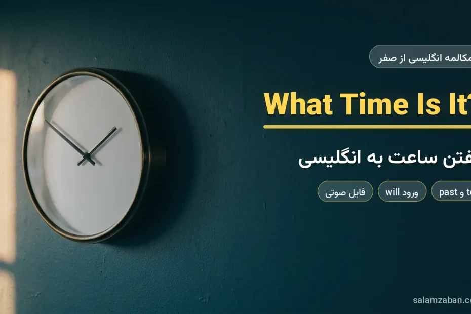ساعت دیواری کلاسیک روی دیوار آبی نفتی — آموزش گفتن ساعت به زبان انگلیسی