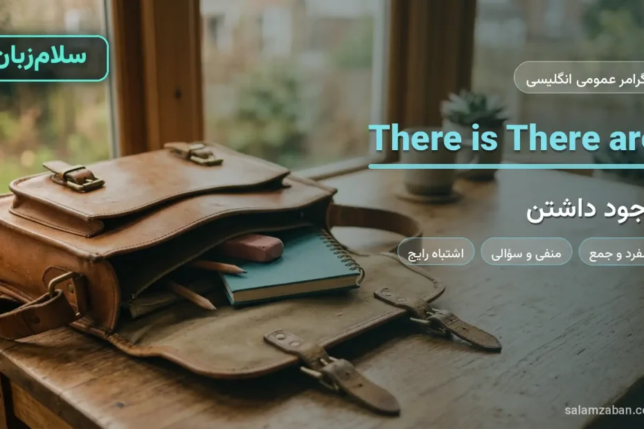there is و there are در انگلیسی با یک کیف باز و اشیای داخلش روی میز
