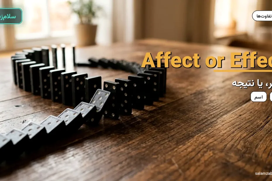 مهره‌های دومینو در حال افتادن روی میز چوبی — آموزش تفاوت affect و effect
