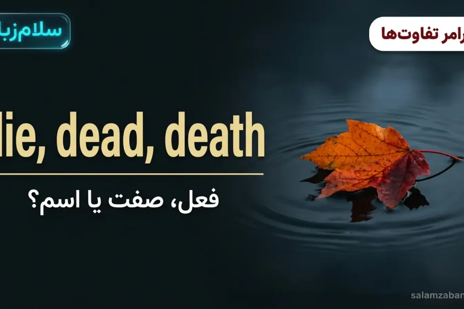 تصویر شاخص درس تفاوت die و dead و death — برگ پاییزی روی آب آرام با عنوان die dead death