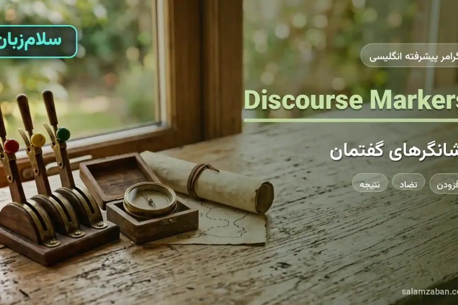 نشانگرهای گفتمان در انگلیسی با اهرمهای چوبی علائم راهآهن و یک قطبنما برنجی