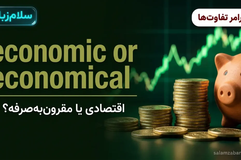 تصویر شاخص درس تفاوت economic و economical — سکه‌های طلا و قلک با نمودار مالی با عنوان economic or economical