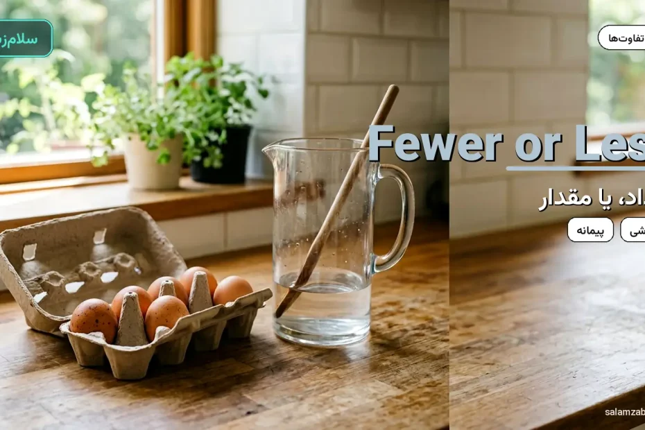 چند تخم‌مرغ مانده در شانه و پارچ آب تقریباً خالی — آموزش تفاوت fewer و less